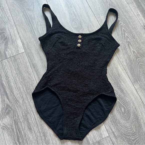 Vintage beach cabana black textured one piece swimsuit in size small - Picture 3 of 10